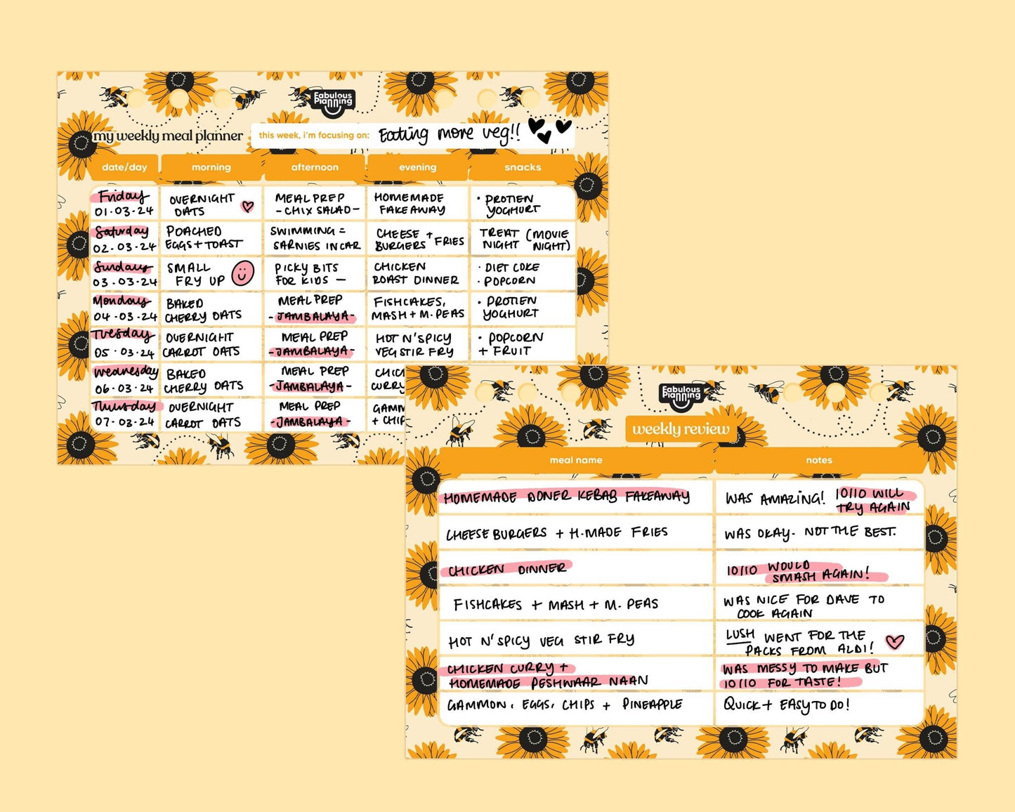 Sunflower Meal Planner Insert - Fabulous Planning - P5 - INS - MP - SUNBEE - 13S