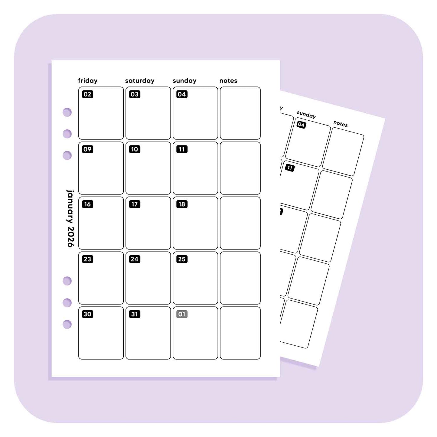 2026 Monthly Overview - A6 Organiser Insert