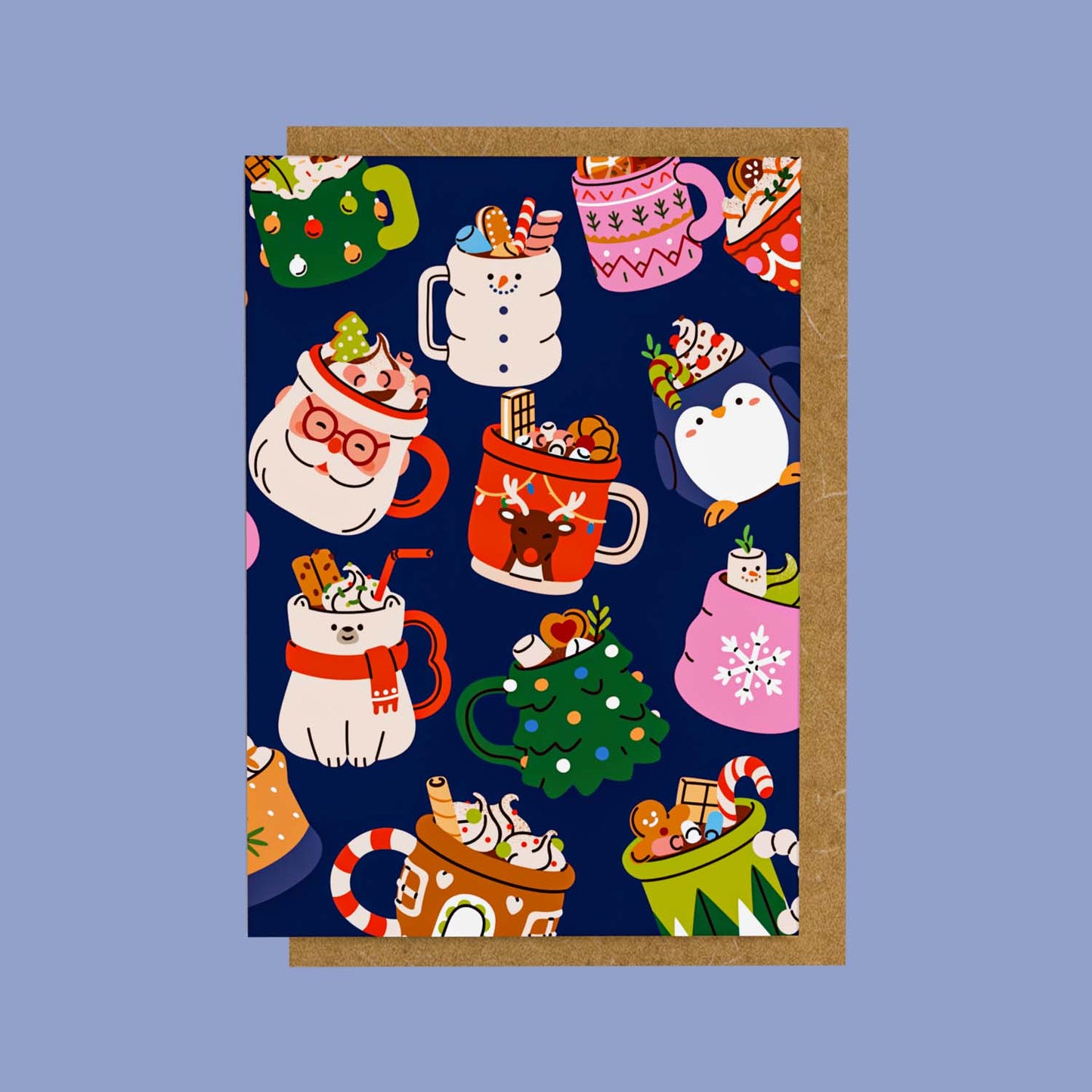 Mini Greeting Card - Festive Mugs - Navy