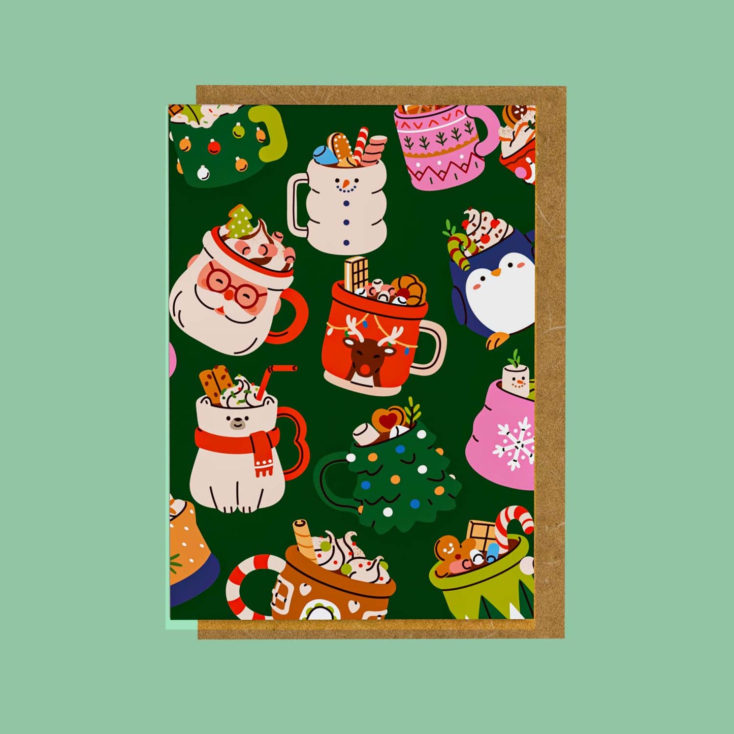 Mini Greeting Card - Festive Mugs - Green