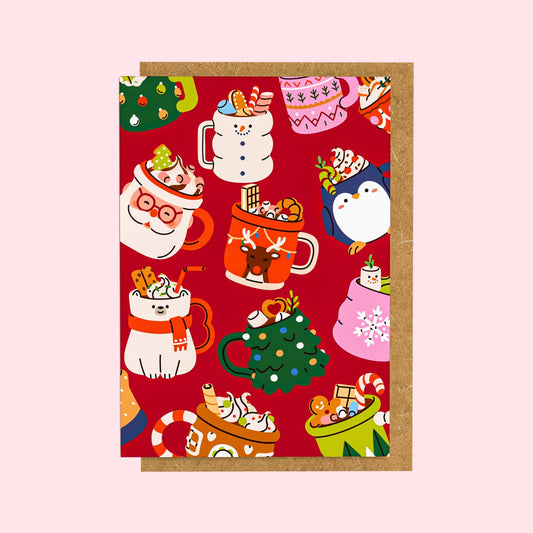 Mini Greeting Card - Festive Mugs - Red