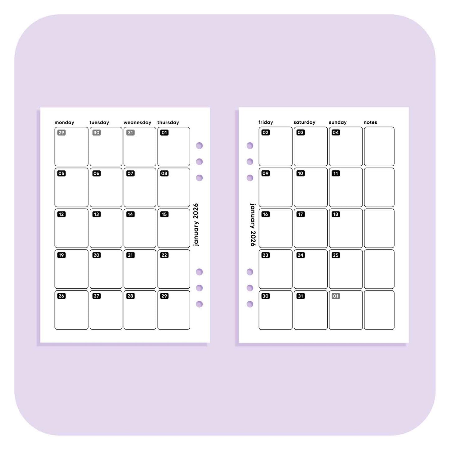 2026 Monthly Overview - A6 Organiser Insert