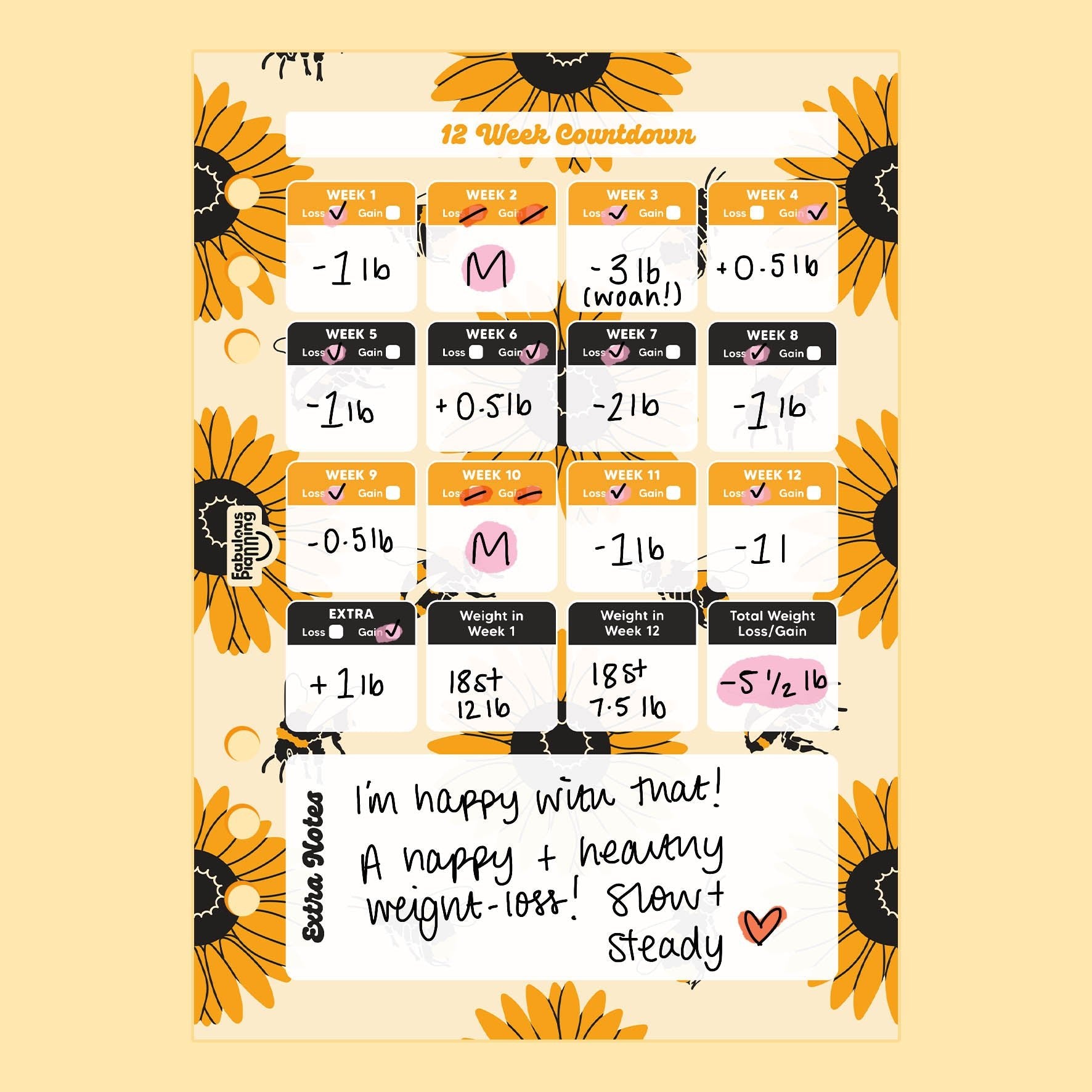 Sunflower 12 Week Countdown Insert - Fabulous Planning - P5 - INS - CNTDWN - SUNBEE - 1S